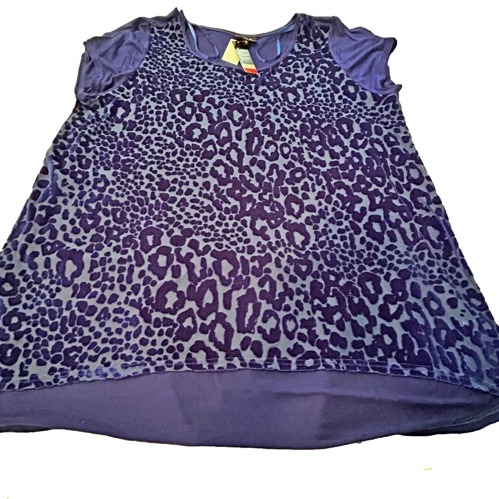 VELVET TOP, BURNOUT, COBALT BLUE, SIZE 3X, CAP SLEEVES, HIGH LOW HEM, LINED,
